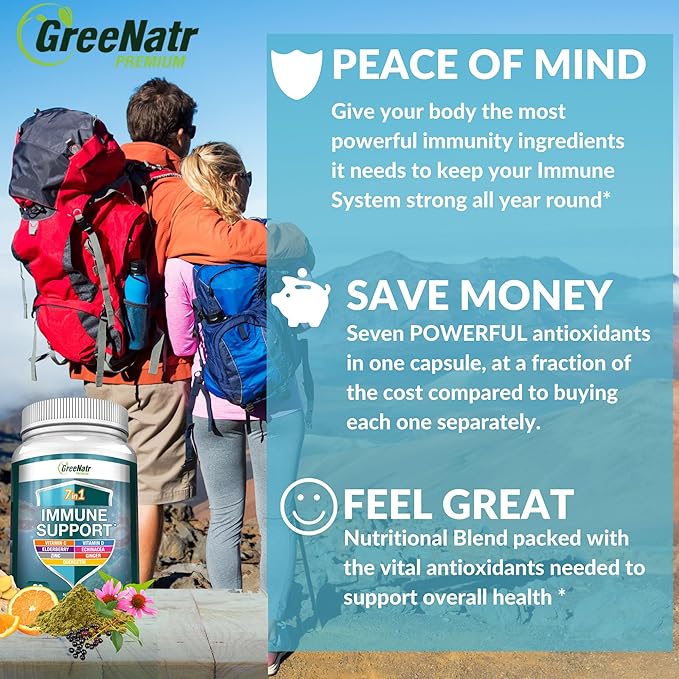 7 in 1 Immune Support Supplement with Vitamin C, Vitamin D3, Zinc 50mg, Quercetin, Echinacea Purpurea, Sambucus Elderberry and Ginger for Complete Immune Defense - 60 Capsules (12 Bottles)