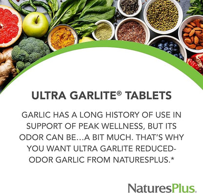 Natures Plus Ultra Garlite 1000 mg - 90 Tablets - Reduced-Odor Garlic - Nutritional Support for Free-Radical Defense & Immune Health - Sustained Release - 90 Servings