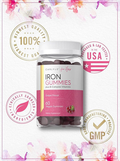 Carlyle Iron Gummies | Plus B-Complex Vitamins | 60 Vegan Gummies | Grape Flavor | Non-GMO, Gluten Free Supplement