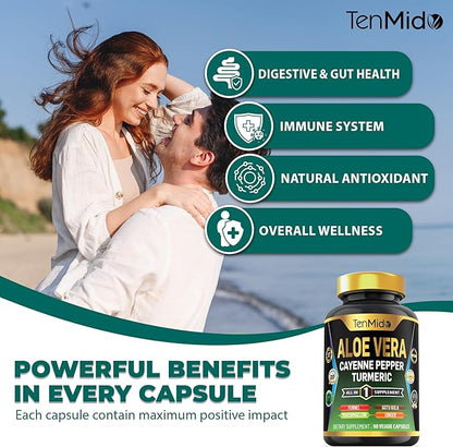 Aloe Vera Capsules Supplement - 8in1 Formula - Combine with Turmeric, Cayenne Pepper, Marshmallow, Fennel, Gotu Kola, Ginger, and Black Pepper - 90 Capsules for 3 Months Supply