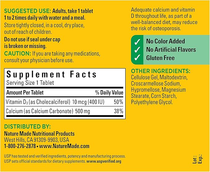 Nature Made Calcium 500 mg with Vitamin D3, Dietary Supplement for Bone Support, 130 Tablets