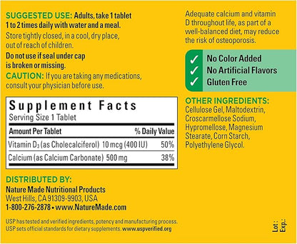 Nature Made Calcium 500 mg with Vitamin D3, Dietary Supplement for Bone Support, 130 Tablets