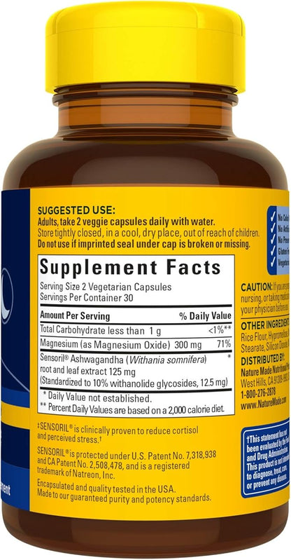 Nature Made Calm & Relax with 300mg Magnesium and 125mg Ashwagandha for Stress Relief, 60 Veggie Capsules