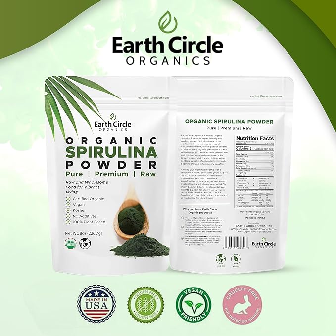 Earth Circle Organics Spirulina Powder, Kosher, Raw and Non-Irradiated | Pure Vegan Protein | Premium Energy Superfood, High Amino Acids and Antioxidants - (8oz - 3 Pack)