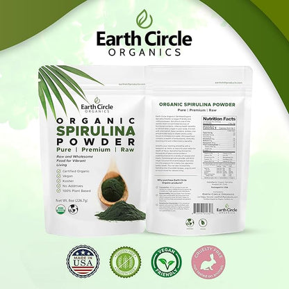 Earth Circle Organics Spirulina Powder, Kosher, Raw and Non-Irradiated | Pure Vegan Protein | Premium Energy Superfood, High Amino Acids and Antioxidants - (8oz - 3 Pack)