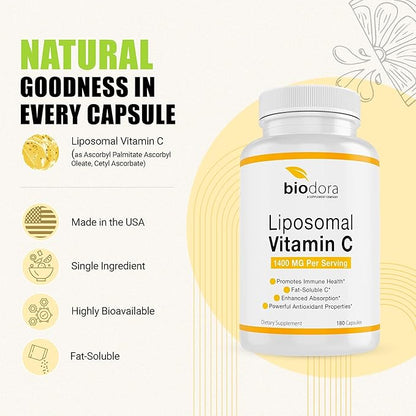Liposomal Vitamin C, Healthy Immune System, Supports Heart Health, Enhanced Energy Level, Antioxidant Properties, 1400mg Per Servings, 180 Capsules