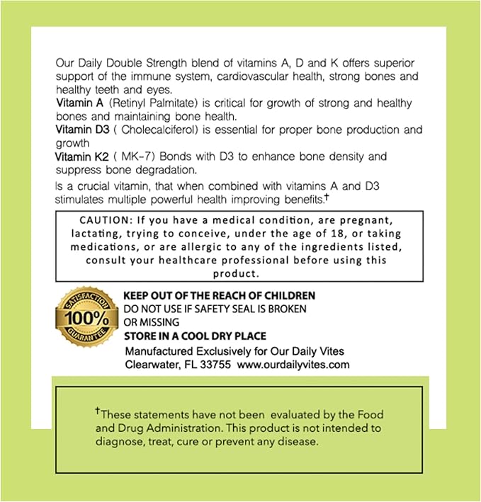 Our Daily Vites ADK 10 Double Strength (10,000 iu) Vitamins A1, D3 & K2 (as MK7) - Physician Formulated Bone & Immune System Support - Gluten Free, Non GMO - 180 Vegetarian Capsules