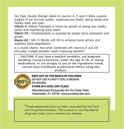 Our Daily Vites ADK 10 Double Strength (10,000 iu) Vitamins A1, D3 & K2 (as MK7) - Physician Formulated Bone & Immune System Support - Gluten Free, Non GMO - 180 Vegetarian Capsules