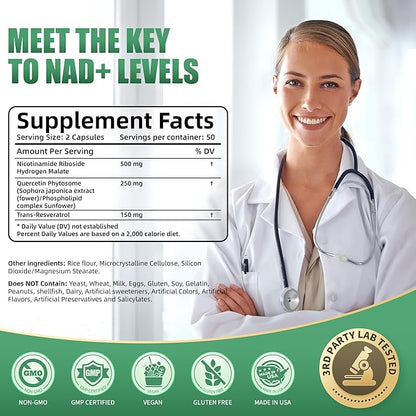 NAD Supplement, NAD Nicotinamide Riboside 900 Mg for Men and Women, Liposomal NAD+ Supplement with Nicotinamide Riboside, Resveratrol & Quercetin, Energy, Boost NAD+, 200 Capsules