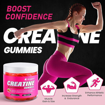 Creatine Monohydrate Gummies 5000mg for Men & Women, Gomitas de Creatina 5g Creatine Monohydrate,0g Sugar Chewables Creatine Pre-Workout for Muscle Strength, Vegan (Strawberry 2)