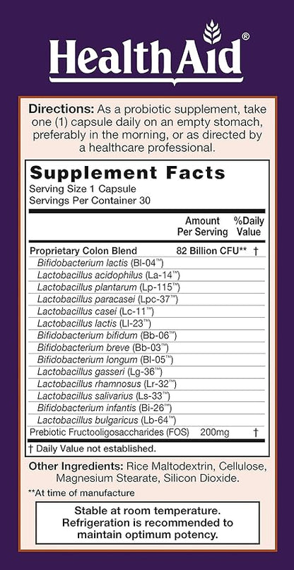 ColonProbio 82 Billion with Prebiotic, 14 Strains, Once Daily, 30ct, Optimum Colon Care, Acid & Bile Resistant, Dairy Free, Gluten Free, Non-GMO