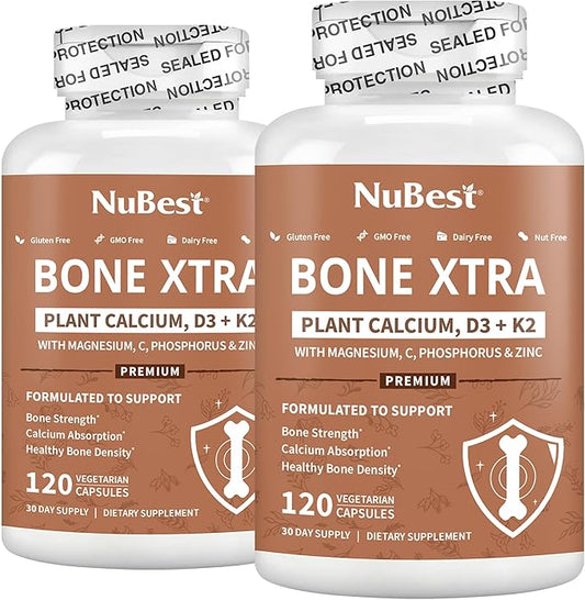 Bone Xtra - Vegan Bone Strength Formula for Stronger Bones, Plant-based Calcium from Marine Algae, Vitamins D3, Vitamin K2, Magnesium, Phosphorus & More for Teens, Adults - 2 Months Supply | 2 Pack