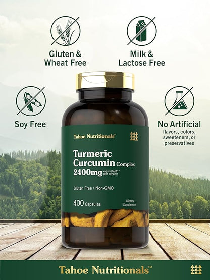 Tahoe Nutritionals Turmeric Curcumin Supplement | 2400mg | 400 Capsules | Extract Complex | Non-GMO, Gluten Free