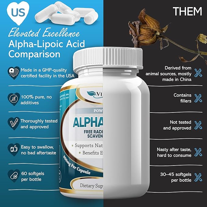 Alpha Lipoic Acid 600mg Capsules - Extra Strength ALA Supplement - Best Pure Vegetarian Capsules for Nerve Pain, Skin, Face, Eye and Brain Boost – Helps Sustain Natural Detoxification, Non-GMO