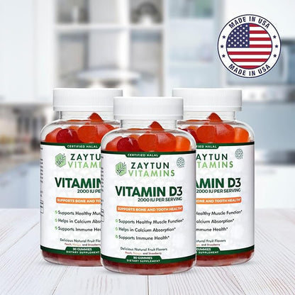 Zaytun Halal Vitamin D3 2000 IU Gummies, Supports Bone & Immune Health, Promotes Muscle Function, Gluten & Gelatin Free, 90 Natural Fruit Flavor Gummies, Made in USA - Halal Vitamins