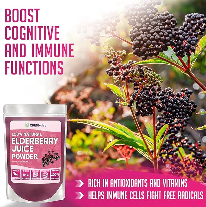 XPRS Nutra Elderberry Juice Powder - Elderberry Powder Organic Fruit Juice Mix - Powdered Elderberries Supplement Rich in Vitamins A and C (16 oz)