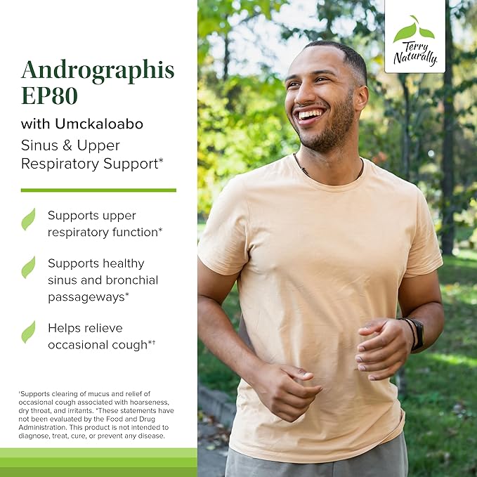 Terry Naturally Andrographis EP80 with Umckaloabo - Dietary Supplement to Support Mucus Relief & Respiratory Health - Vegan Capsules to Aid Immune Health - 60 Capsules (60 Servings)