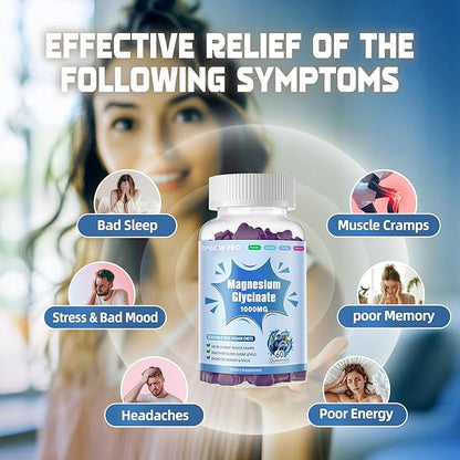 Magnesium Glycinate Gummies 1000mg - Sugar Free Magnesium Potassium Supplement with Vitamin D, B6, CoQ10 for Calm Mood & Sleep Support - 60 Blueberry Gummies