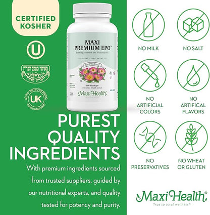 Maxi-Health Evening Primrose and Flax Seeds Oil Softgels - Vegan Omega 3 6 9 Supplements for Healthy Skin, Hair, and Joints - Kosher Certified, Organic Evening Primrose Oil Softgels, 180 Count