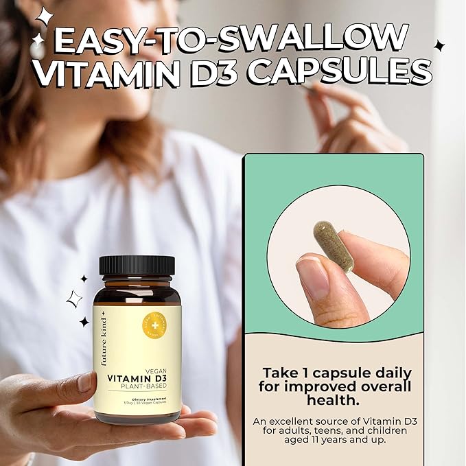 Future Kind Vegan Vitamin D3-2500 IU Plant-Based Supplement for Cell & Immune Support - Sugar-Free, Lichen-Based Vitamin D (30 Softgels in Glass Bottle)