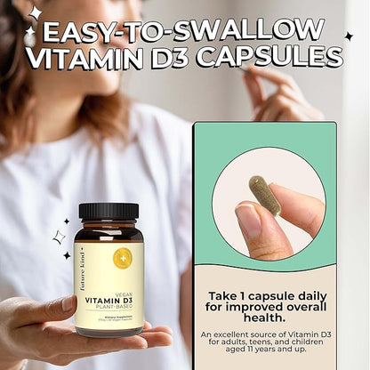 Future Kind Vegan Vitamin D3-2500 IU Plant-Based Supplement for Cell & Immune Support - Sugar-Free, Lichen-Based Vitamin D (30 Softgels in Glass Bottle)