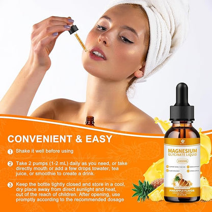Magnesium Glycinate Liquid Drops. High Absorption Magnesium Liquid Supplement, with Cellulose Fiber, Vitamin B6, C, D, Zinc,for Sleep, Nerve, Energy, Muscle, Bone, Calm & Digestion, 2 Fl oz