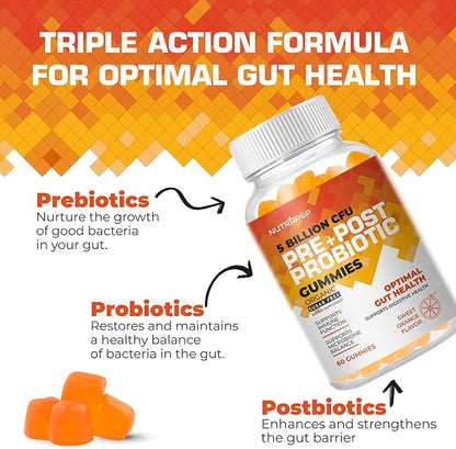Prebiotic Probiotic & Postbiotic Gummies for Women Men & Kids Children - High Potency 5 Billion CFU - Sugar-Free & Gluten Free