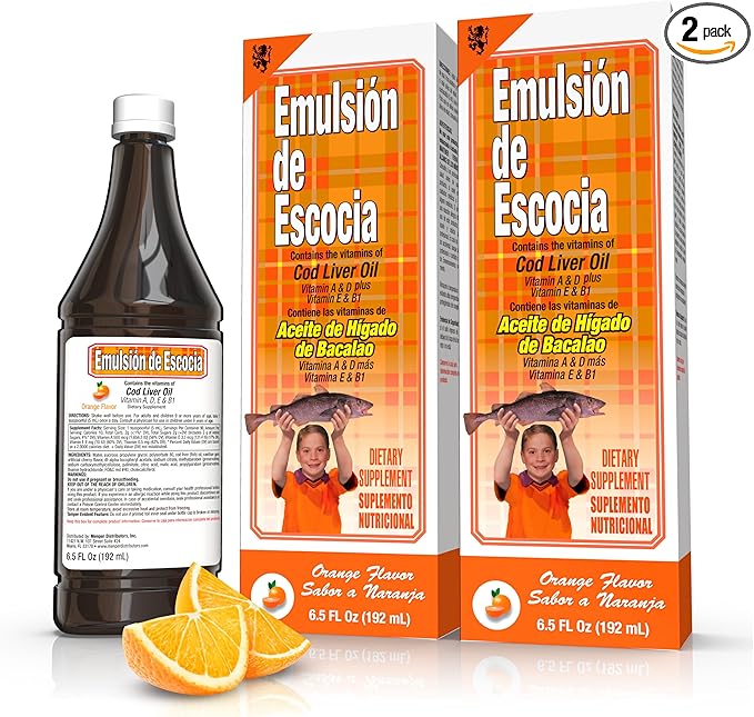 Cod Liver Oil Liquid, Orange Flavor, Fish Oil Liquid with Vitamins A, D, E & B1 for Kids & Adults, Immune & Bone Health, Omega-3, 2 Pack (6.5 fl oz Each)