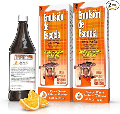 Cod Liver Oil Liquid, Orange Flavor, Fish Oil Liquid with Vitamins A, D, E & B1 for Kids & Adults, Immune & Bone Health, Omega-3, 2 Pack (6.5 fl oz Each)