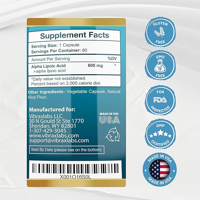 Alpha Lipoic Acid 600mg Capsules - Extra Strength ALA Supplement - Best Pure Vegetarian Capsules for Nerve Pain, Skin, Face, Eye and Brain Boost – Helps Sustain Natural Detoxification, Non-GMO