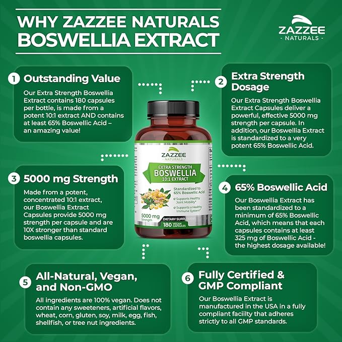 Zazzee Extra Strength Boswellia Serrata 10:1 Extract, 5000 mg Strength, 65% Boswellic Acid, 180 Vegan Capsules, 6 Month Supply, Standardized 10X High Potency, 100% Vegetarian, All-Natural, Non-GMO