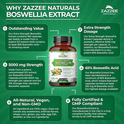 Zazzee Extra Strength Boswellia Serrata 10:1 Extract, 5000 mg Strength, 65% Boswellic Acid, 180 Vegan Capsules, 6 Month Supply, Standardized 10X High Potency, 100% Vegetarian, All-Natural, Non-GMO