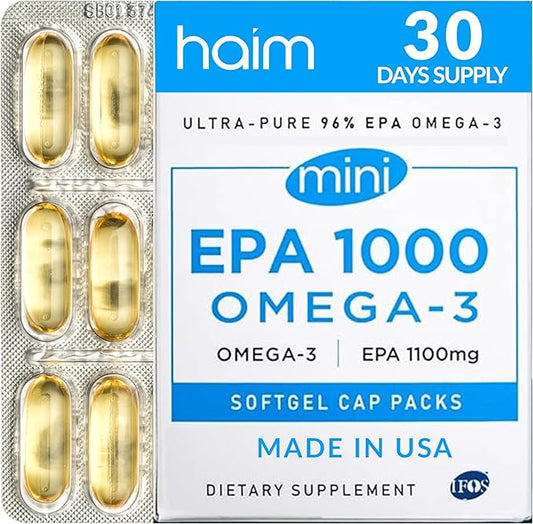 Haim EPA1000 MINI – Pure EPA Fish Oil Supplement – 1,100mg Omega-3 for Heart, Brain & Joint Health – High Potency, Burpless Softgels – Small, Easy-to-Swallow Capsules – 60 Softgels – Made in USA