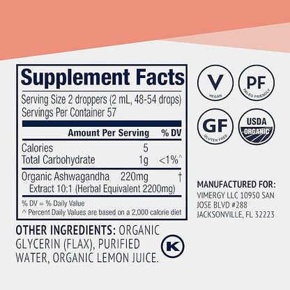 Vimergy USDA Organic Ashwagandha Liquid Extract, 57 Servings –Stress Supplement Drops – Adaptogen - Supports Cognitive Function – Sleep Support – Alcohol-Free, Non-GMO, Vegan & Paleo Friendly (115 ml)
