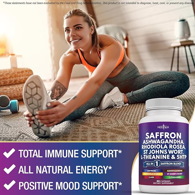 NEW AGE Saffron Supplements with Ashwagandha - Support with L-Theanine, Ginkgo Biloba, St. John's Wort, Rhodiola Rosea & 5-HTP - Saffron 60 Count