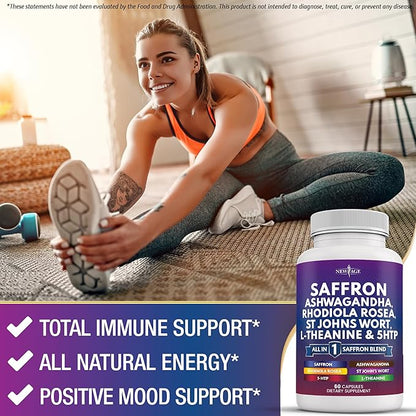NEW AGE Saffron Supplements with Ashwagandha - Support with L-Theanine, Ginkgo Biloba, St. John's Wort, Rhodiola Rosea & 5-HTP - Saffron 60 Count