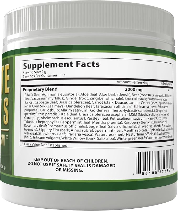Ultimate Greens with MSM Powder, Vegan Friendly Natural Ingredients Gluten Soy Free NO GMO Superfood Vegetable Nutritional Drink Alkalizing Energy 8oz 1 Pack (1 Month Supply)