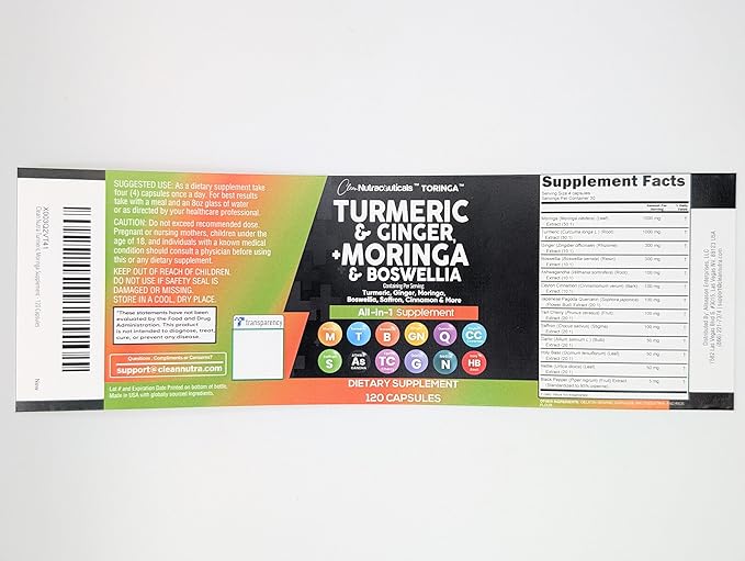 Clean Nutraceuticals Turmeric Moringa Supplement | Ginger Boswellia Saffron - Supplement for Women and Men with Ceylon Cinnamon, Tart Cherry, Quercetin Garlic Nettle Holy Basil - 1Pack