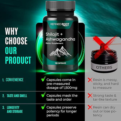 Shilajit Capsules 1000mg & Ashwagandha Supplements 500mg (180 Count) Pure Himalayan Shilajit - (20% Fulvic Acid Supplement) - Ashwagandha Capsules