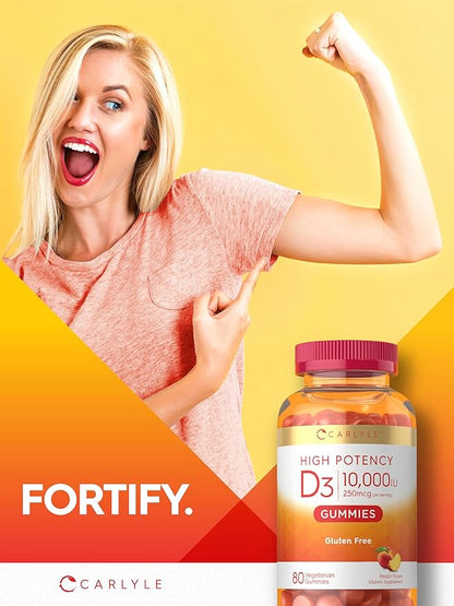Carlyle Vitamin D3 10000iu Gummies for Adults | 80 Count | Peach Flavored Gummy | High Potency for Women & Men | Vegetarian, Non-GMO, Gluten Free Supplement