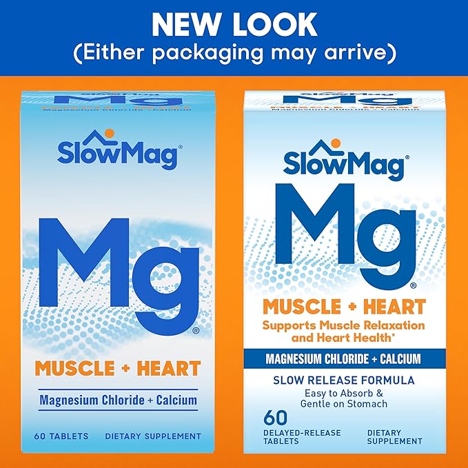 SlowMag Muscle + Heart Magnesium Chloride with Calcium Supplement to Support Muscle Relaxation, Occasional Muscle Cramping & Heart Health, High Absorption, 60 Count