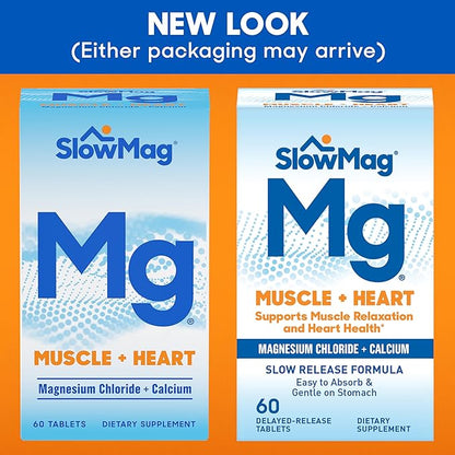 SlowMag Muscle + Heart Magnesium Chloride with Calcium Supplement to Support Muscle Relaxation, Occasional Muscle Cramping & Heart Health, High Absorption, 60 Count