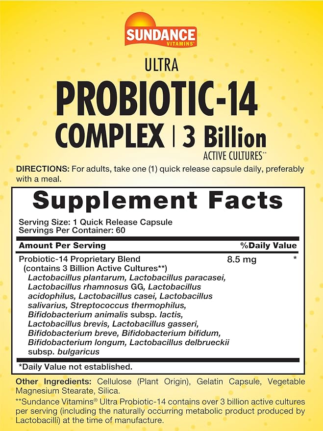 Sundance Probiotic-14 Complex | 3 Billion Active Cultures | 60 Capsules | Non-GMO and Gluten Free Supplement