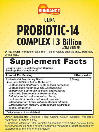 Sundance Probiotic-14 Complex | 3 Billion Active Cultures | 60 Capsules | Non-GMO and Gluten Free Supplement