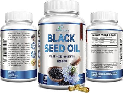 Cold Pressed Black Seed Oil - 120 Capsules, Premium Nigella Sativa Pure Black Cumin Seed Oil with Vitamin E, for Hair, Skin & Immune Health - Non-GMO 120 Capsules