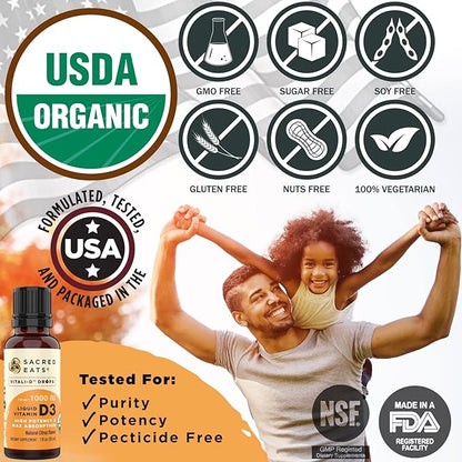 Organic Liquid Vitamin D Drops for Kids & Adults, Sugar Free. Easy to Use 1,000 IU/Drop in Coconut MCT Oil. Lasts Months, Best for High Doses. Max Absorption VIT D3 Supplement. Great Taste (Citrus)