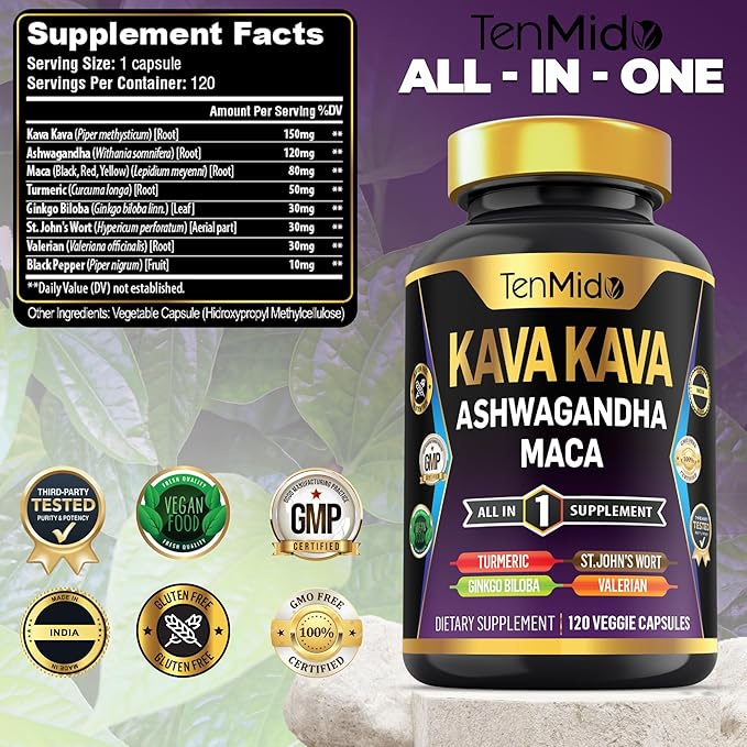 Kava Kava Root Supplement - 8in1 Formula - Combine with Ashwagandha, Maca, Turmeric, Ginkgo Biloba, St. John's Wort, Valerian & Black Pepper - 120 Vegan Capsules, 4 Months Supply