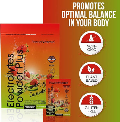Electrolytes Powder Plus, Keto, Strawberry Cucumber, Sugar Free, 1000mg Potassium, 120mg Calcium, 120mg Magnesium, Non-GMO, Zero Calories, 30 Hydration Packets