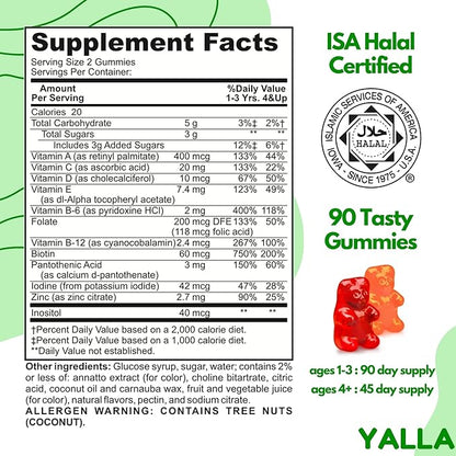 Halal Vitamins for Kids, Halal Kids Multivitamin Gummies, 45-90 Day Supply, Essential Vitamins with C, D3, Zinc for Immunity, B6 B12 for Energy, ISA Certified, Gelatin Free