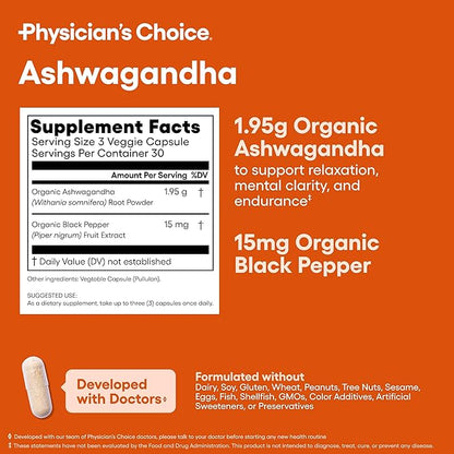 Physician's CHOICE Ashwagandha Supplement - 1950mg of Bioavailable Organic Ashwagandha Root Powder - Black Pepper Extract, Stress Support, Mood Support Supplement, 90 Veggie Ashwagandha Capsules